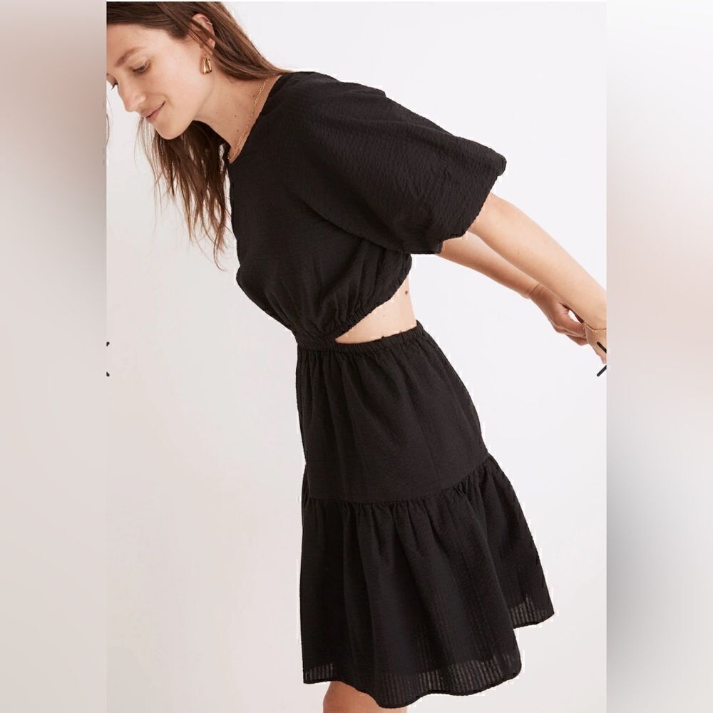 NWT Madewell with FLAWS Seersucker Puff-Sleeve Cutout Mini Dress in Black Size L